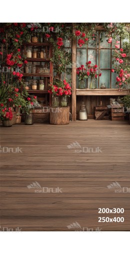 Tło fotograficzne „Rustykalna oranżeria z czerwonymi różami i drewnianymi półkami” | E679